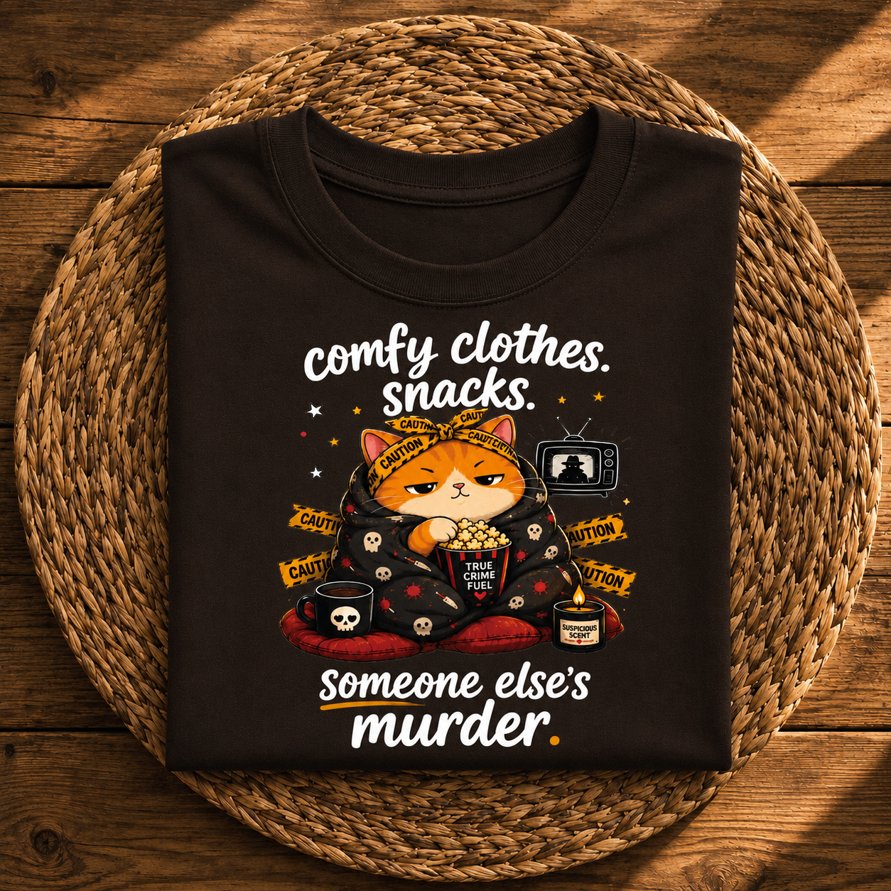 Comfy Clothes, Snacks & Someone Else’s Murder Cat