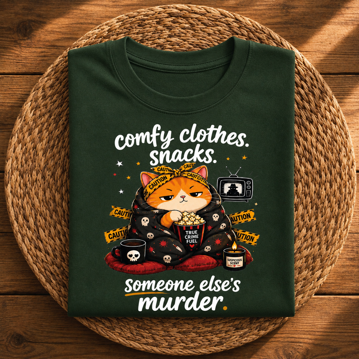 Comfy Clothes, Snacks & Someone Else’s Murder Cat