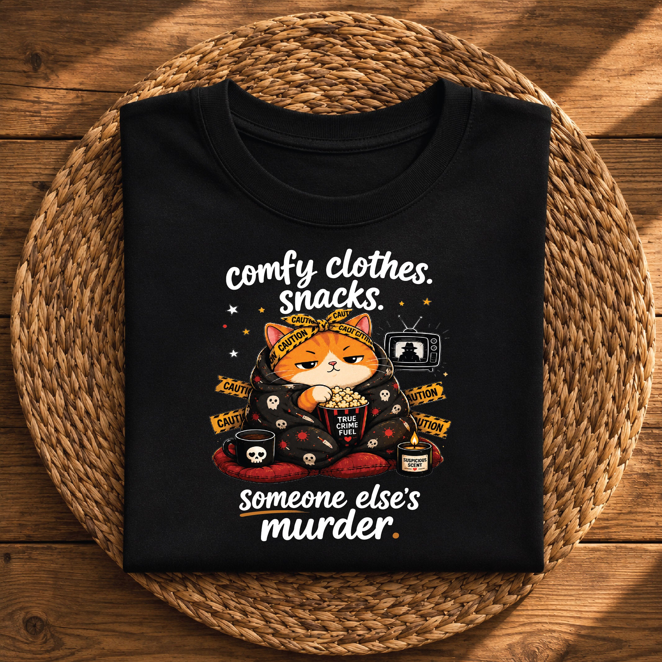 Comfy Clothes, Snacks & Someone Else’s Murder Cat