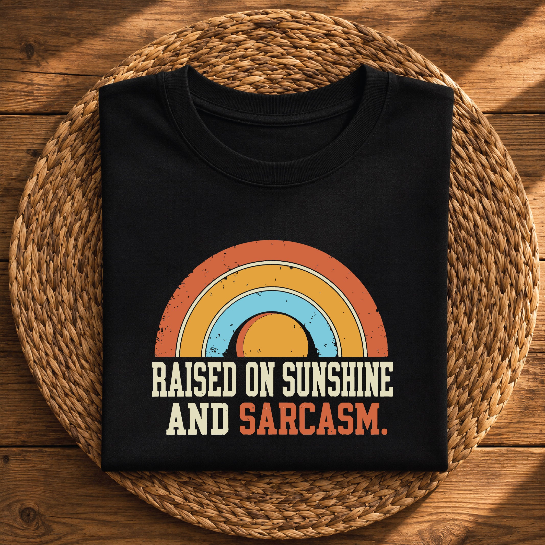 Raised on Sunshine and Sarcasm – Funny Retro Rainbow Graphic Tee