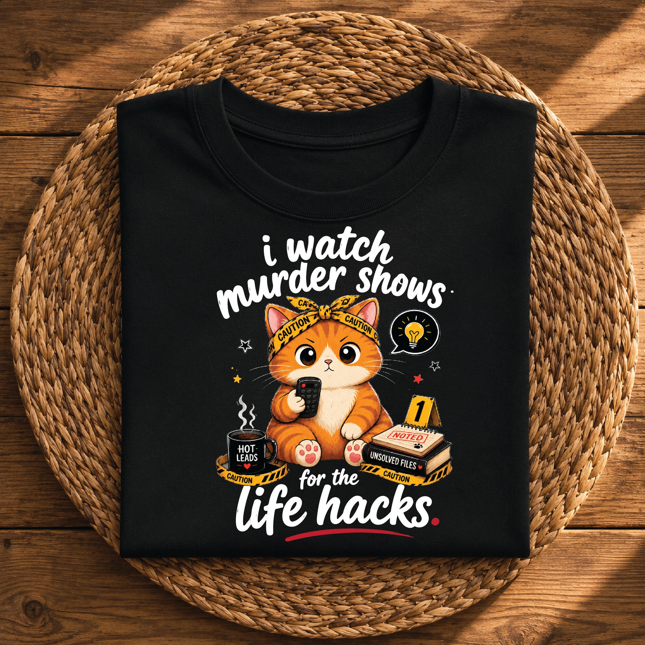 I Watch Murder Shows for the Life Hacks – Funny True Crime Cat Graphic Tee