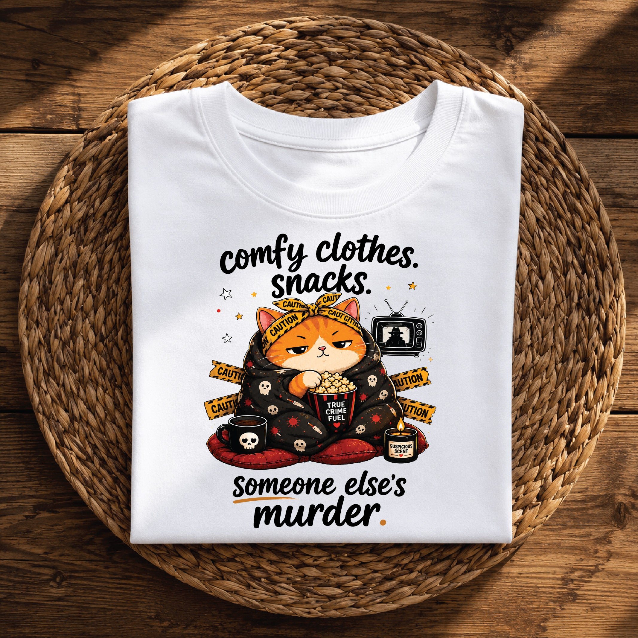 Comfy Clothes, Snacks & Someone Else’s Murder Cat