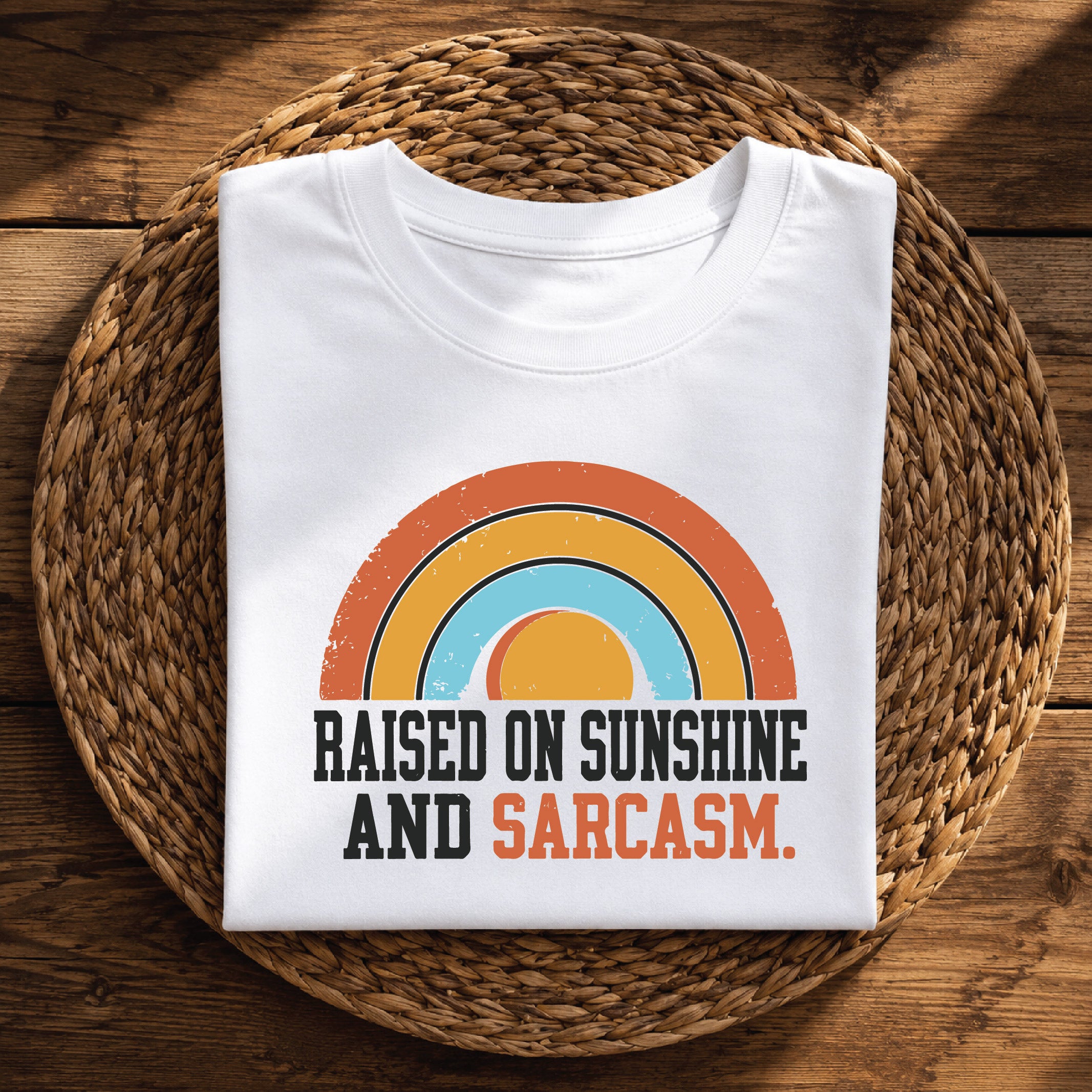 Raised on Sunshine and Sarcasm – Funny Retro Rainbow Graphic Tee