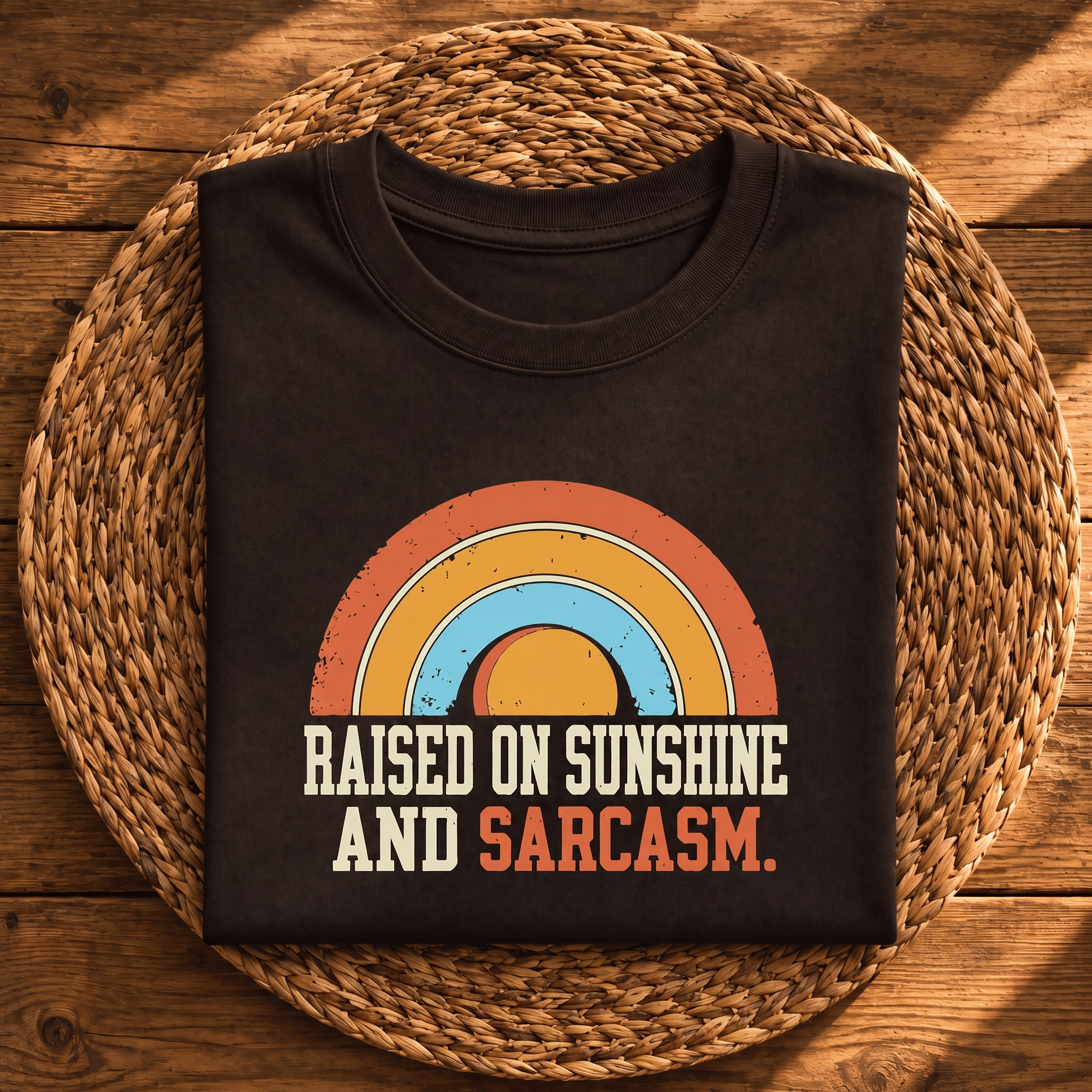 Raised on Sunshine and Sarcasm – Funny Retro Rainbow Graphic Tee