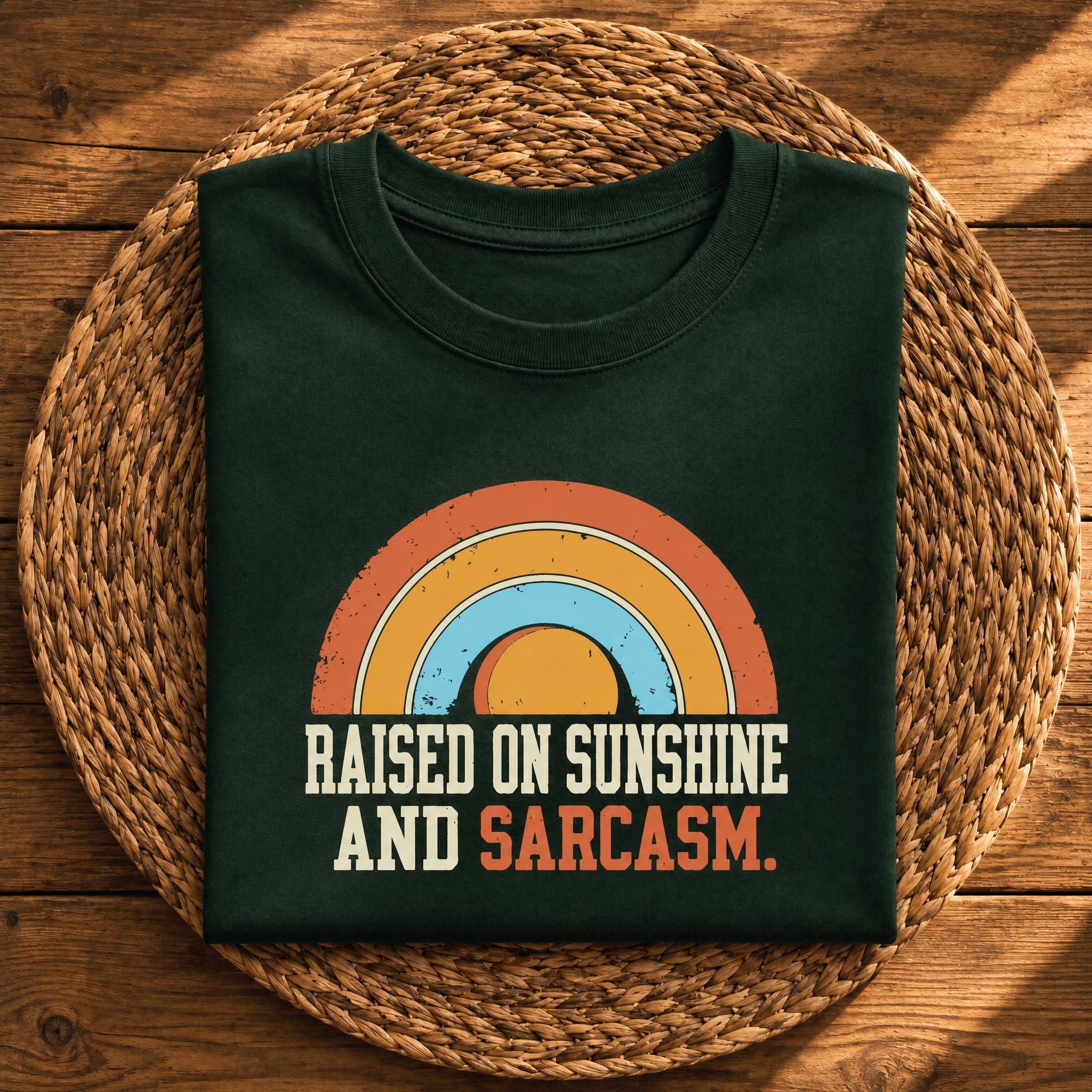 Raised on Sunshine and Sarcasm – Funny Retro Rainbow Graphic Tee
