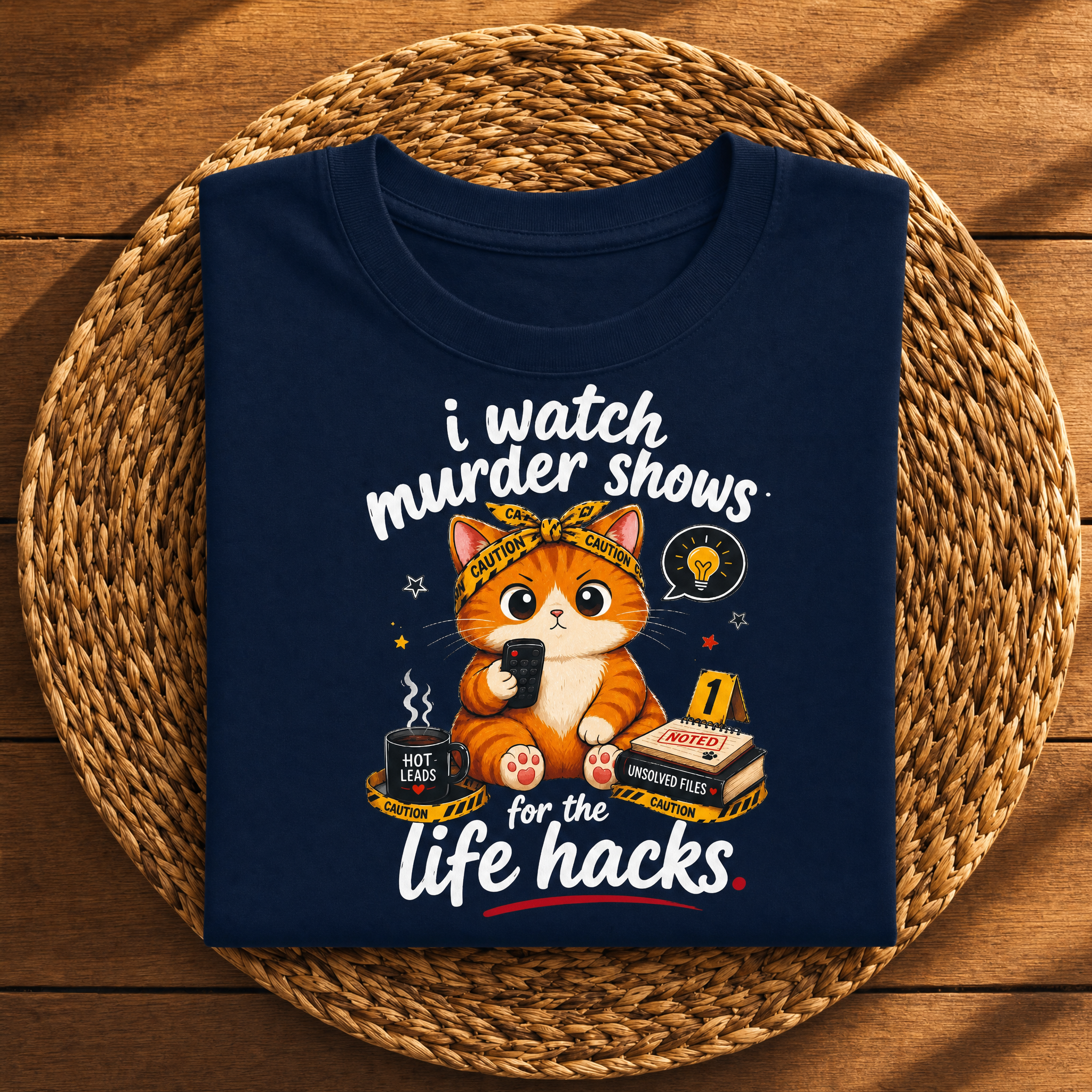 I Watch Murder Shows for the Life Hacks – Funny True Crime Cat Graphic Tee