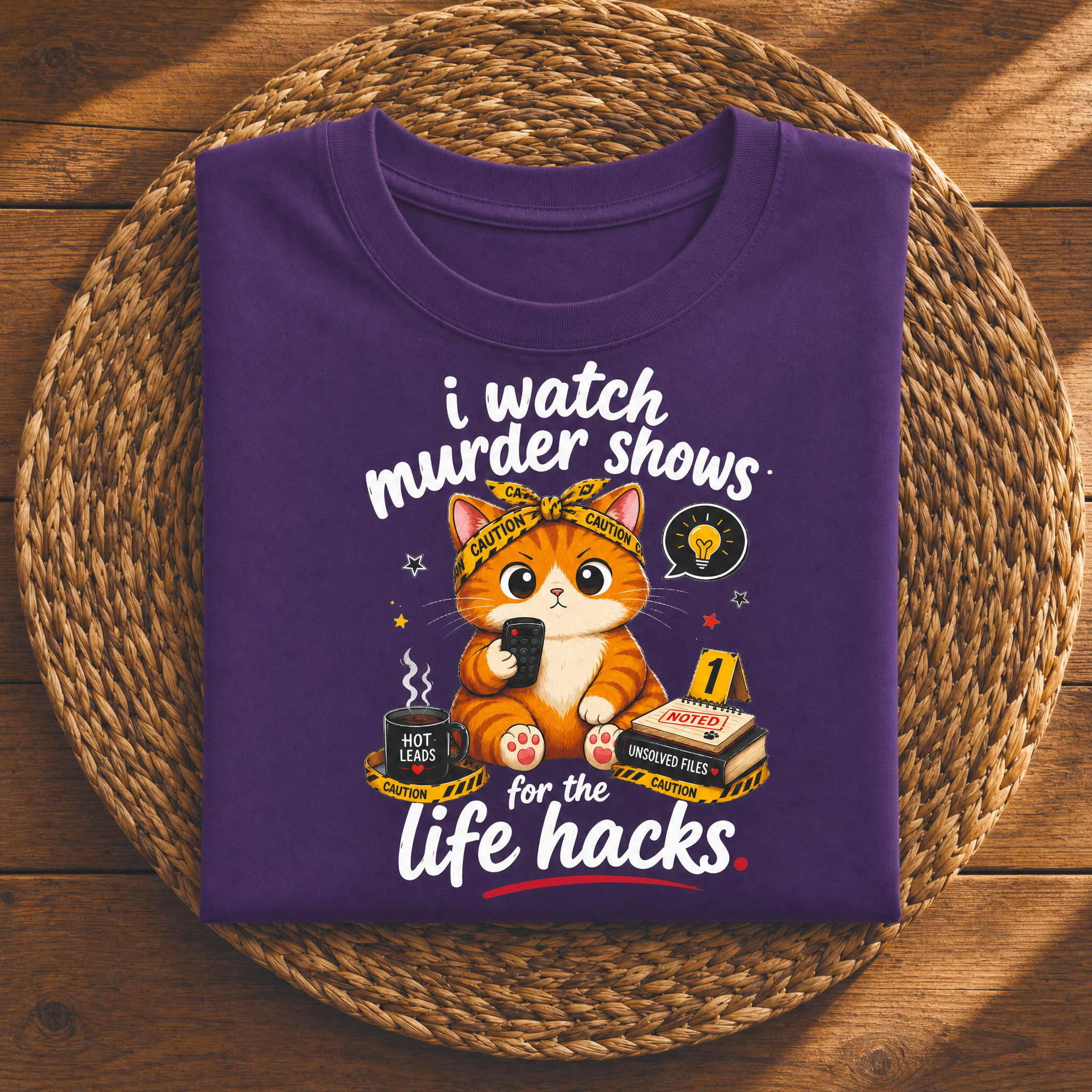 I Watch Murder Shows for the Life Hacks – Funny True Crime Cat Graphic Tee