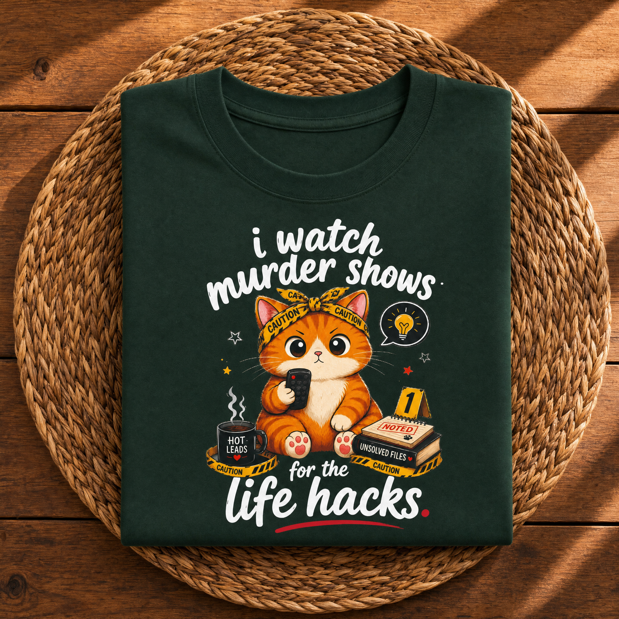 I Watch Murder Shows for the Life Hacks – Funny True Crime Cat Graphic Tee
