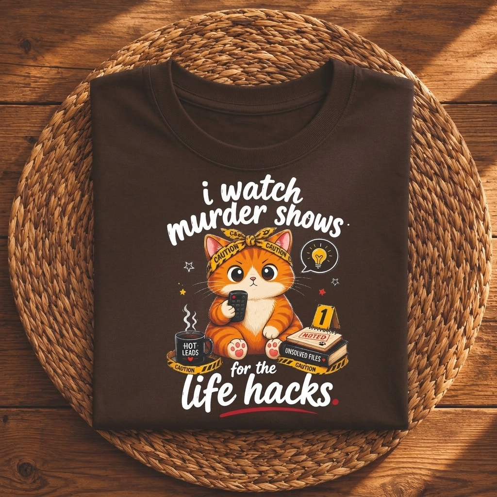 I Watch Murder Shows for the Life Hacks – Funny True Crime Cat Graphic Tee