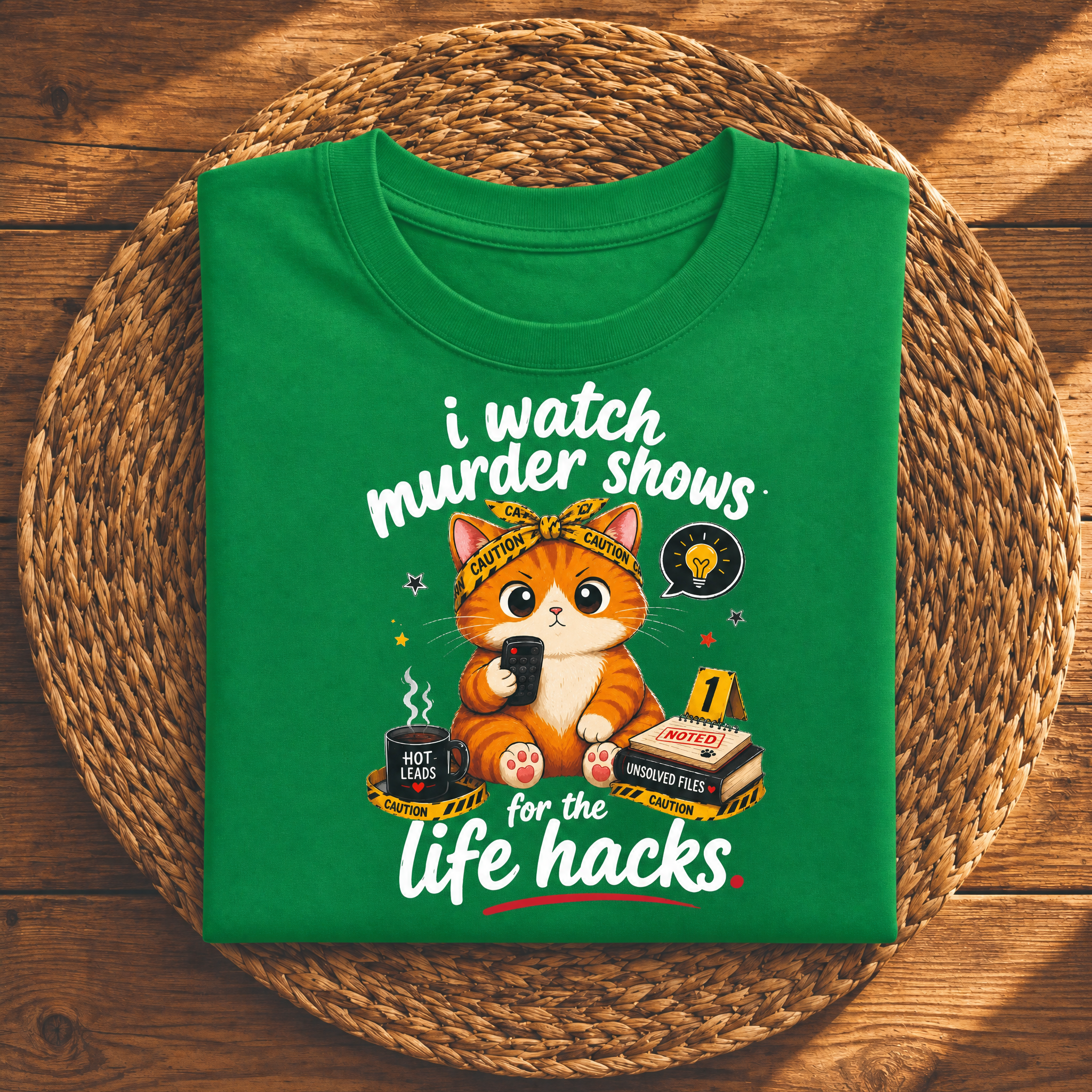I Watch Murder Shows for the Life Hacks – Funny True Crime Cat Graphic Tee