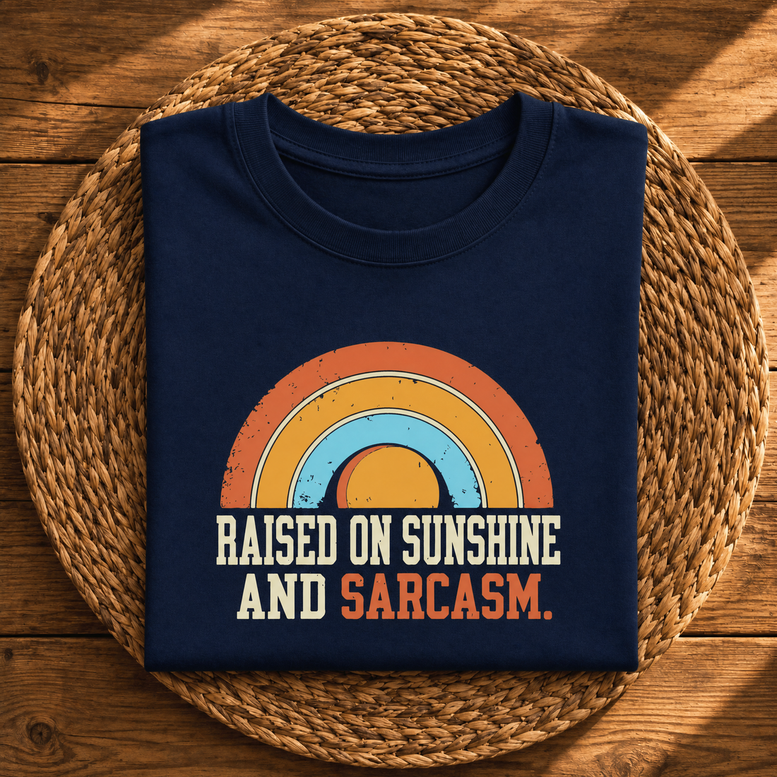 Raised on Sunshine and Sarcasm – Funny Retro Rainbow Graphic Tee