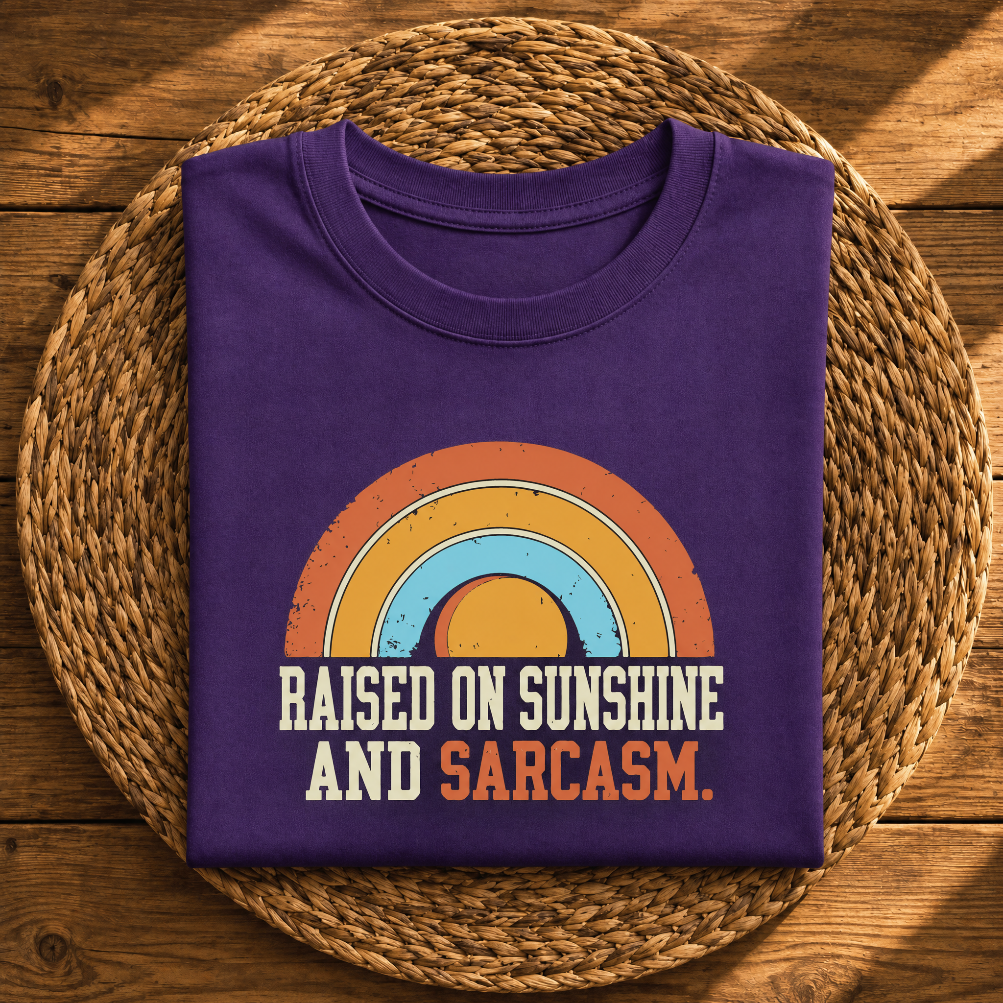 Raised on Sunshine and Sarcasm – Funny Retro Rainbow Graphic Tee