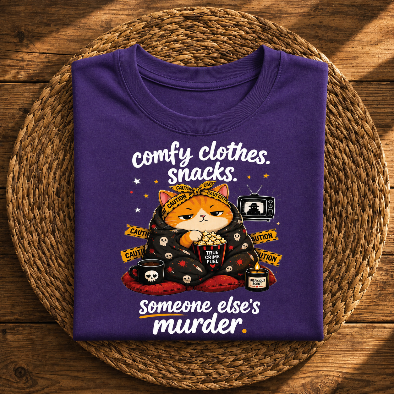 Comfy Clothes, Snacks & Someone Else’s Murder Cat
