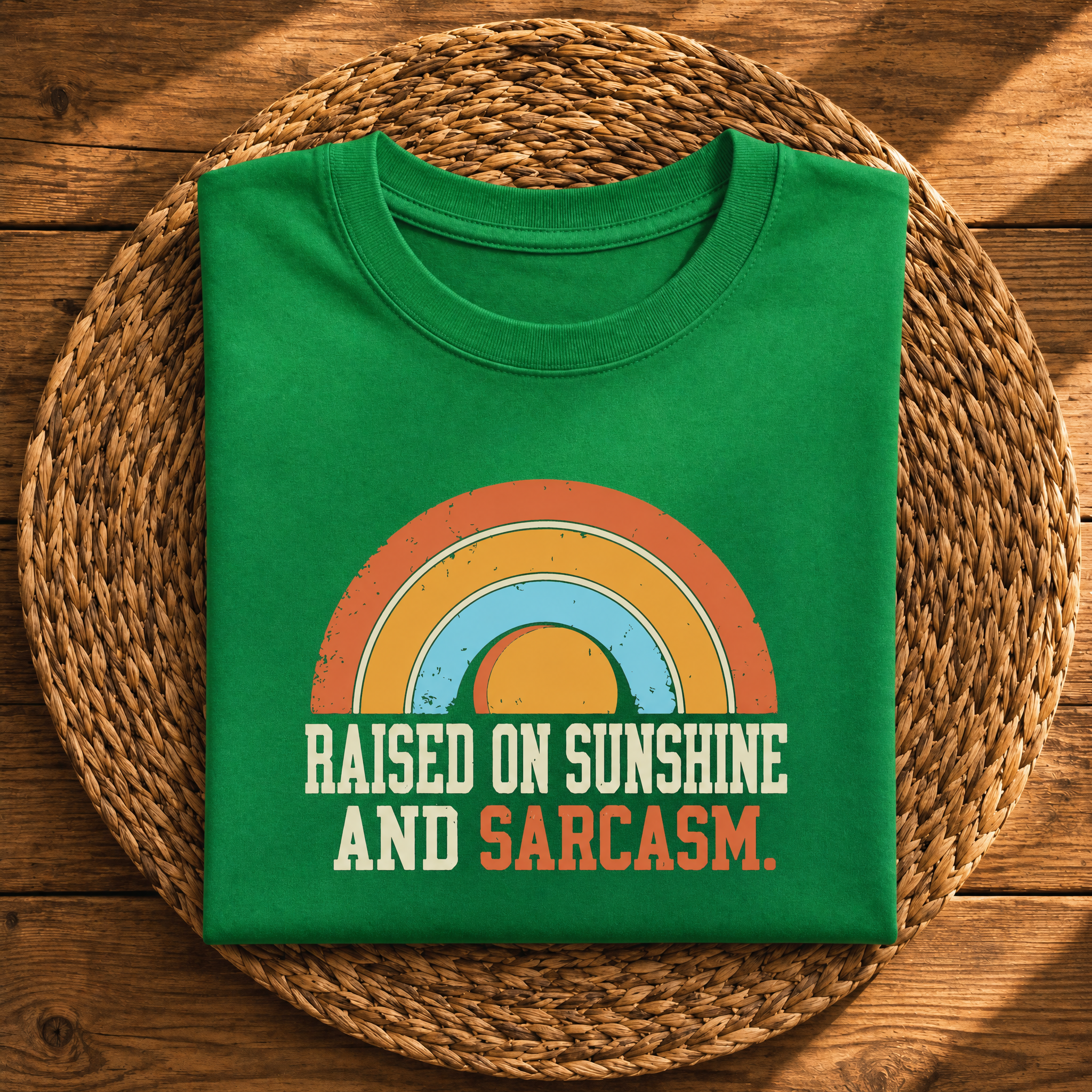 Raised on Sunshine and Sarcasm – Funny Retro Rainbow Graphic Tee