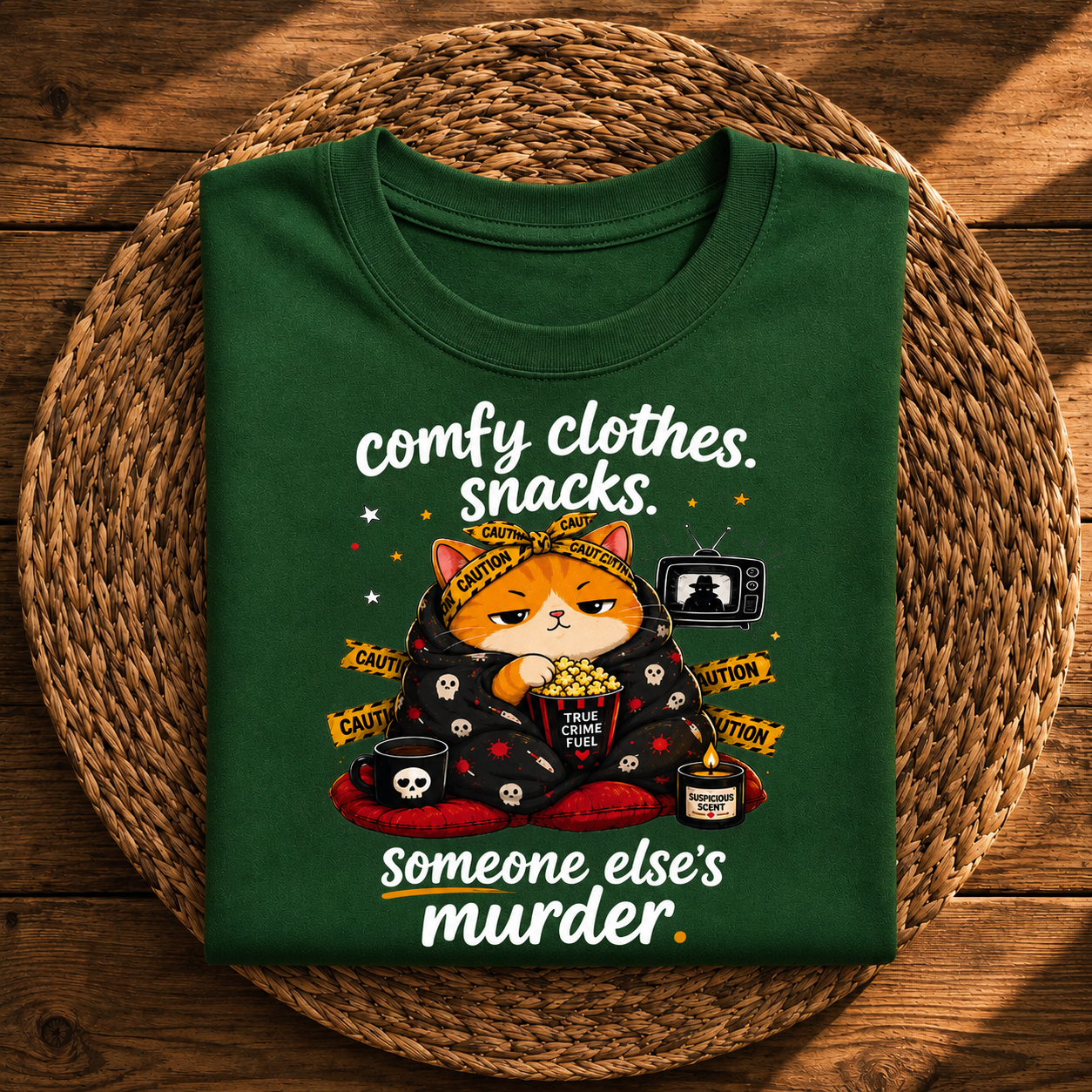 Comfy Clothes, Snacks & Someone Else’s Murder Cat